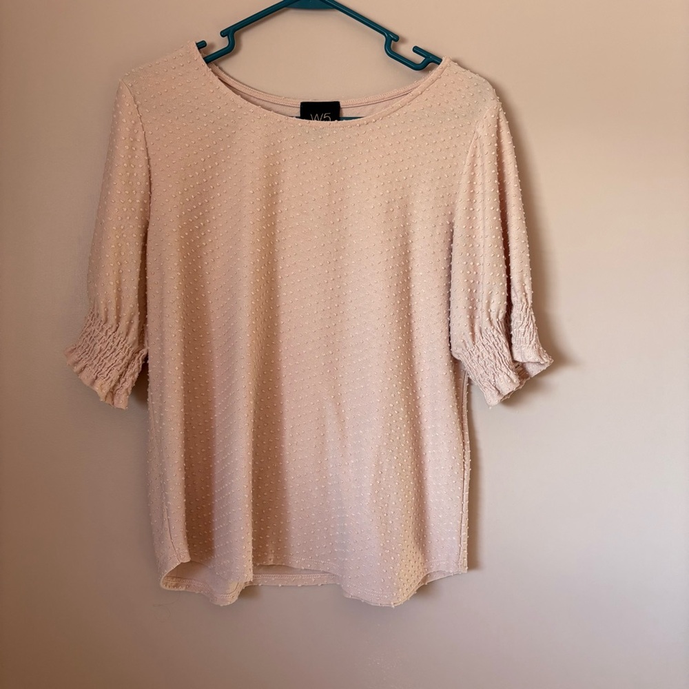 💚W5 Pink Relaxed Smocked Blouse with Bateau Neckline and Bell Sleeves